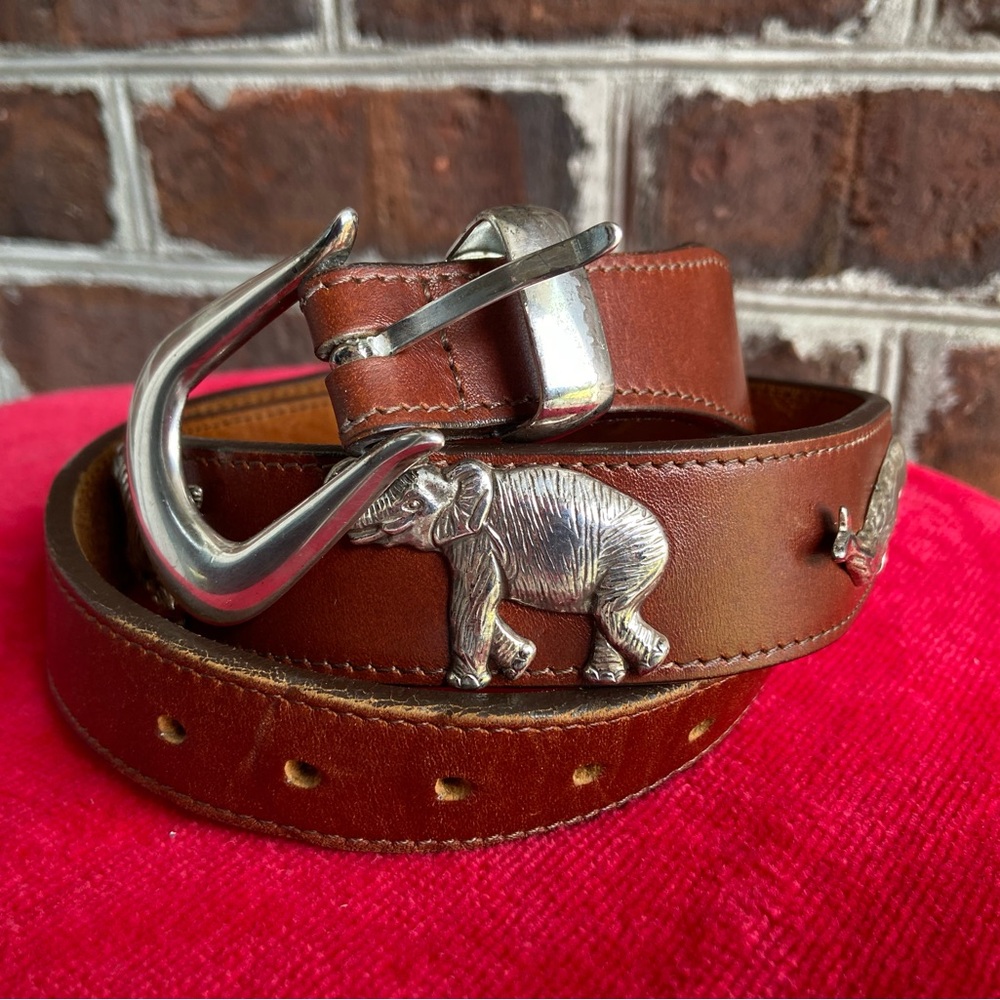 Circa 1992 Honest Leather Belt with silver-toned animal hardware.